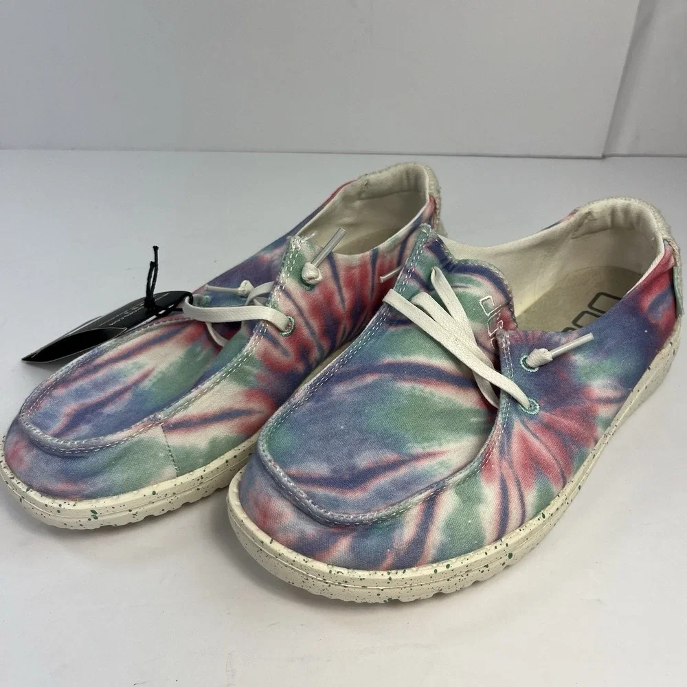 NEW Hey Dude Women's 7 Wendy Rose Candy Tie Dye Slip On Loafer Pink Blue Green